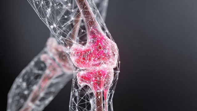 Digital knee joint illustration with red inflammation on a dark gray gradient background image