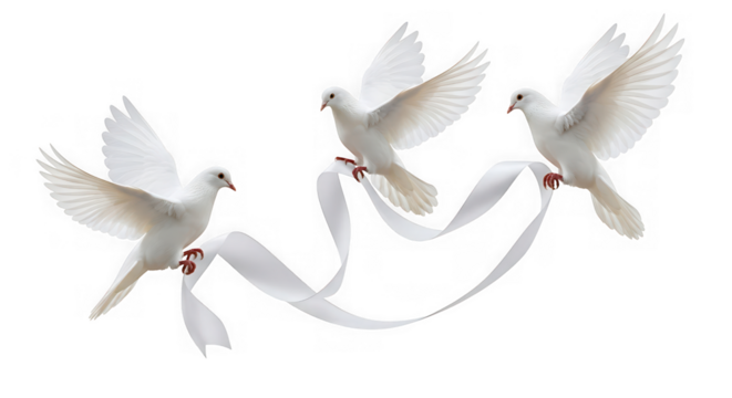 Three white doves flying with ribbon isolated on transparent background, symbol of peace and love