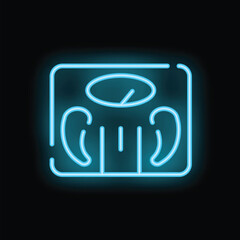 Neon bathroom scale icon glowing blue against a black wall in a dark environment