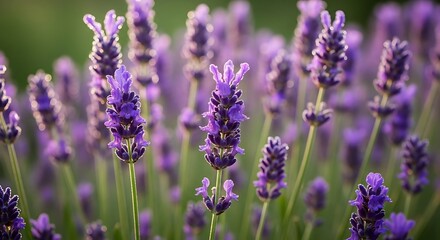 Obraz premium Lavender field in bloom, close-up view of purple flowers.