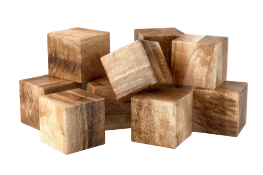 Pile of natural wood cubes with visible grain and dark accents block material, Isolated On Transparent Background, Png Cut Out