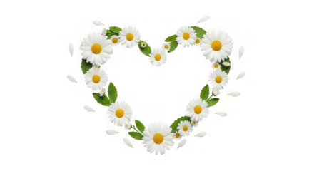 Heart shape made of white daisy flowers isolated on transparent background for love concept