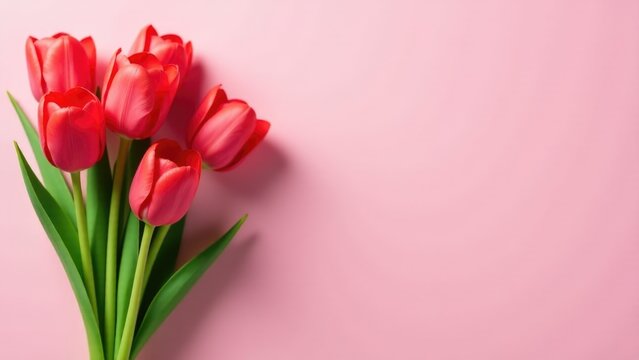 A beautiful bouquet of red tulips on a pink background, perfect for romantic occasions and floral arrangements