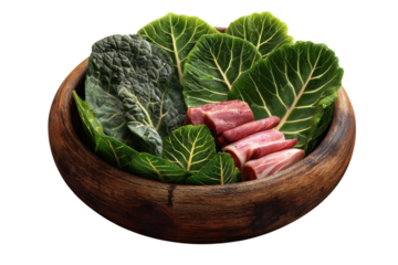 Raw pork belly strips and green collard leaves in wooden bowl meat, Isolated On Transparent Background, Png Cut Out