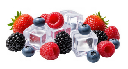 Fresh berries with ice cubes, including strawberries, raspberries, blueberries isolated on transparent background