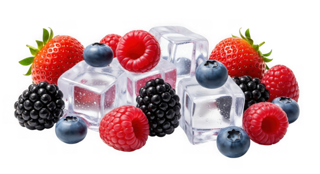 Fresh berries with ice cubes, including strawberries, raspberries, blueberries isolated on transparent background