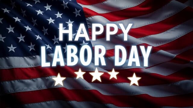 Happy Labor Day message over waving American flag with bright stars for patriotic holiday celebration
