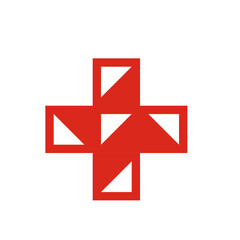 Stylized Red Cross Symbol with Geometric Cutouts symbol icon flat stock vector design