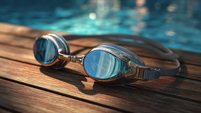 Goggles Ready on Wooden Dock for a Refreshing Swim in the Pool