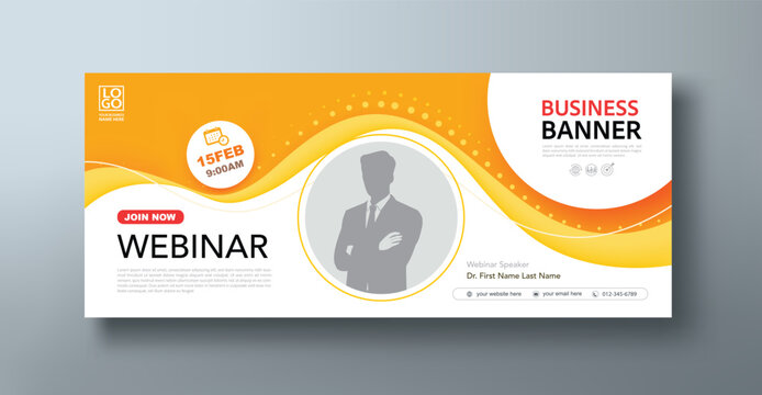 Yellow Seminar, webinar banner with speaker portrait mockup, a social media template for branding and a cover header background.