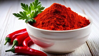 A vibrant composition features a white bowl filled with rich red paprika, accompanied by fre.jpg