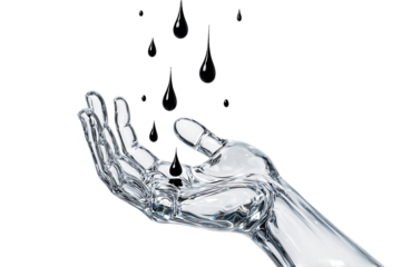 Transparent hand catches falling dark liquid drops, environmental water oil concept isolated on transparent background