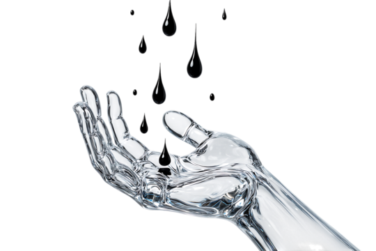 Transparent hand catches falling dark liquid drops, environmental water oil concept isolated on transparent background - Powered by Adobe