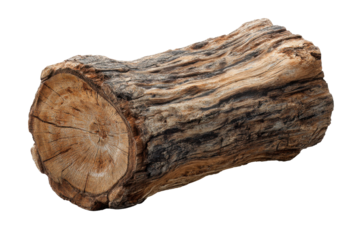 Rough weathered wood log with visible grain and bark texture on black timber tree, Isolated On Transparent Background, Png Cut Out
