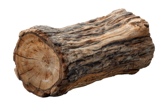 Rough weathered wood log with visible grain and bark texture on black timber tree, Isolated On Transparent Background, Png Cut Out