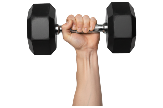 PNG. hand with dumbbell. Hand holding a heavy black dumbbell representing fitness and strength training Isolated on transparent background. gym, fitness concept.
