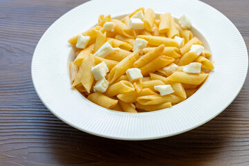 Close-Up of Penne Pasta with Cubed Cheese