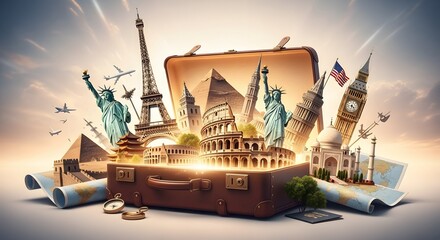 Suitcase with World Landmarks for Travel and Tourism Concept