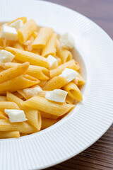 Close-Up of Penne Pasta with Cubed Cheese