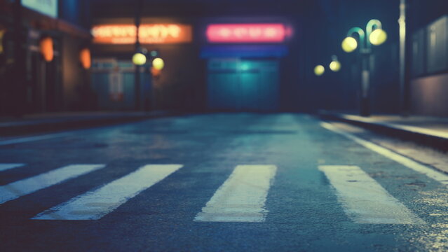 A serene night scene captures a deserted urban street. Neon signs glow softly in the background, illuminating the crosswalks and casting a calming ambiance over the quiet surroundings.
