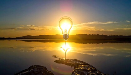 Illuminating Ideas - Lightbulb Silhouette Against a Sunset Reflection.