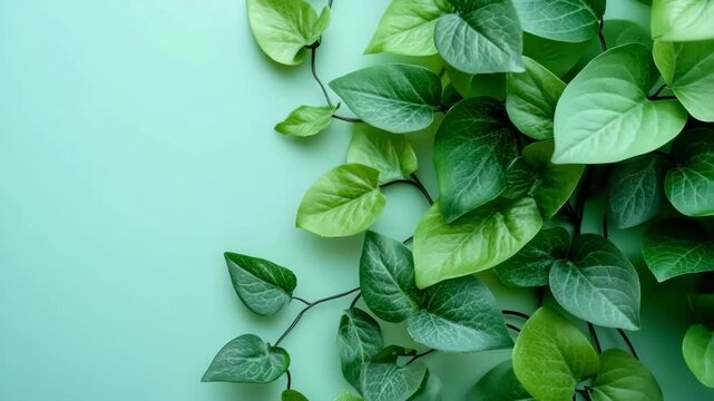 Vibrant green leaves forming a natural border on a mint-colored background with empty space for text