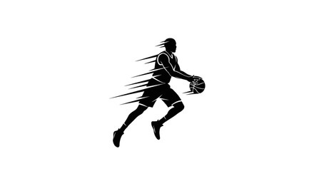 Silhouette of a basketball player dribbling the ball with motion lines, conveying speed and action.