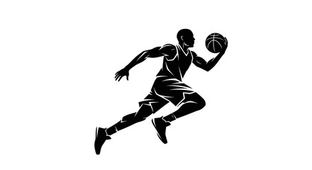 Dynamic black silhouette of a basketball player dribbling the ball in motion, showcasing athleticism and speed.