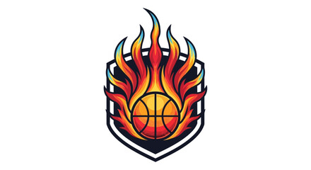 A dynamic logo featuring a basketball engulfed in flames, set within a shield.