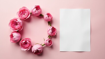 A decorative wreath made of pink flowers sits beside a blank piece of paper