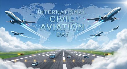 International civil aviation day celebration with airplanes and runway for travel and transportation