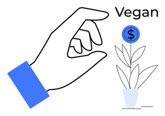 Hand reaching for a coin growing from a planted stem in a pot. Ideal for vegan concept, sustainability, eco-business, ethical finance, investment, growth, minimalism. Simple flat metaphor