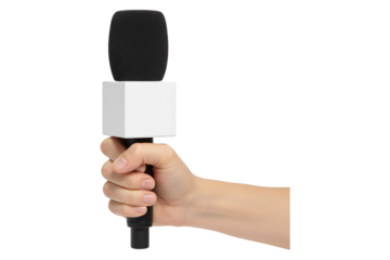 PNG. hand holding a reporter's microphone. Hand holding a reporter's microphone for an interview isolated on transparent background.