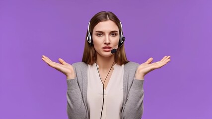 A confused young woman in a headset shrugs her shoulders, expressing uncertainty and helplessness. The call center operator or customer service representative looks puzzled while communicating, showin - Powered by Adobe