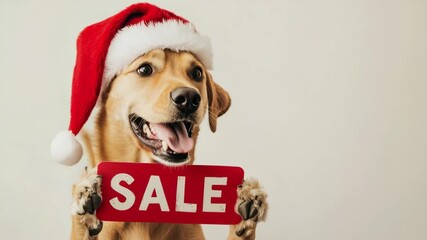 Happy dog wearing a santa hat holding a red sign with sale written on it, copy space