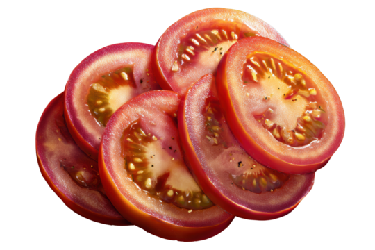 Sliced red tomatoes seasoned with black pepper and herbs on a black background image, Isolated On Transparent Background, Png Cut Out
