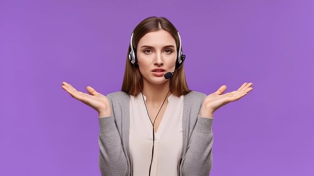 A confused young woman in a headset shrugs her shoulders, expressing uncertainty and helplessness. The call center operator or customer service representative looks puzzled while communicating, showin