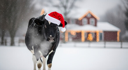 A black and white cow wears a red Santa hat in a snowy field. The house in background is adorned with lights, representative of winter holiday.