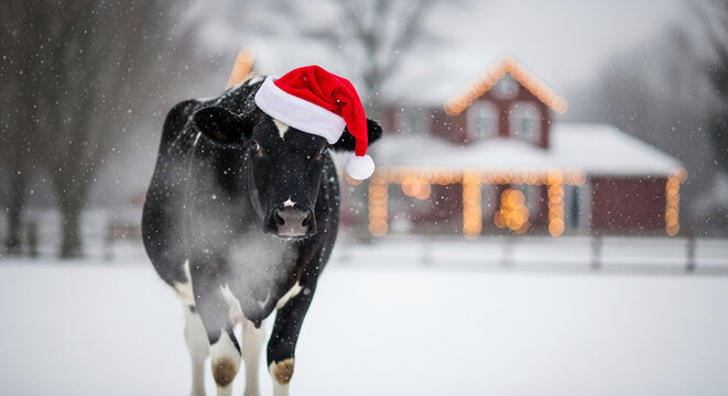 A black and white cow wears a red Santa hat in a snowy field. The house in background is adorned with lights, representative of winter holiday.