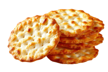 Stack of golden brown round crackers with dimpled surface on black food baked, Isolated On Transparent Background, Png Cut Out