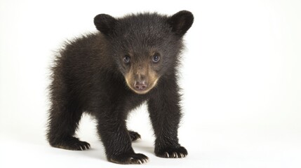 Brown Bear Cub Lying Calmly on White Background Close-Up