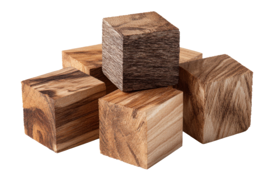 Stacked wooden cubes with distinct wood grain patterns on black background block blocks, Isolated On Transparent Background, Png Cut Out