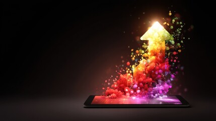 Holographic growth arrow displayed above a tablet, symbolizing digital market expansion