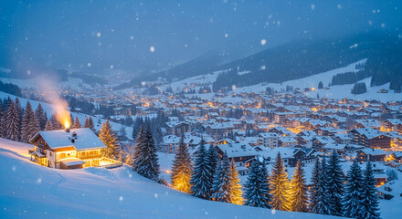 Panoramic view of snow-covered house and village under snowfall at night, representing festive mood, holiday season and peaceful alpine environment