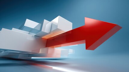 Red 3D arrow cutting through floating data numbers, showing strong financial recovery and momentum