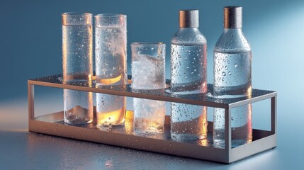 Row of glass test tubes in a metal rack with droplets forming on the surface, illuminated by cool blue laboratory light