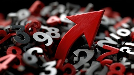 Red 3D arrow cutting through floating data numbers, showing strong financial recovery and momentum