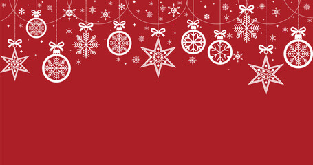 Vibrant red Christmas background banner with a top border of white hanging decorations, including ornate ornaments, detailed snowflakes, and patterned stars tied with bows. The design includes a seaml