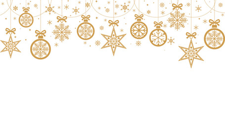 Horizontal Christmas background/banner template featuring a border of hanging golden winter decorations: ornaments, stars, and intricate snowflakes tied with bows. Seamlessly decorated
