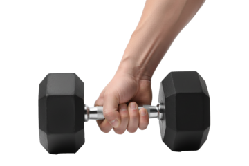 PNG. hand with dumbbell. Hand holding a heavy black dumbbell representing fitness and strength training Isolated on transparent background.